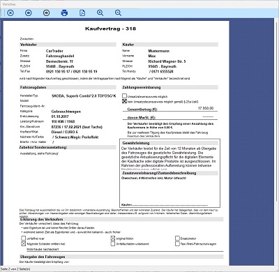 Etstellung eines Kaufvertrages in unserer Autohandel Software oder Warenwirtschaftssystem für Autohändler