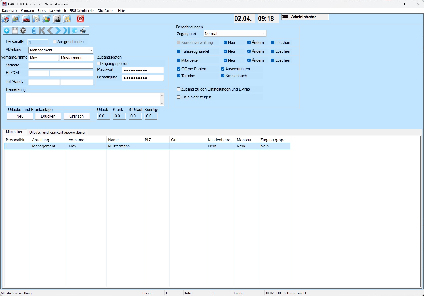 Mitarbeiterverwaltung in unserer Autohandel Software oder Warenwirtschaftssystem für Autohändler